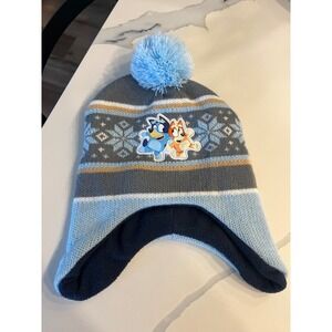 Bluey and Bingo Kids Winter Beanie Hat with‎ Pom Pom Snowflake Pattern Ear Flaps